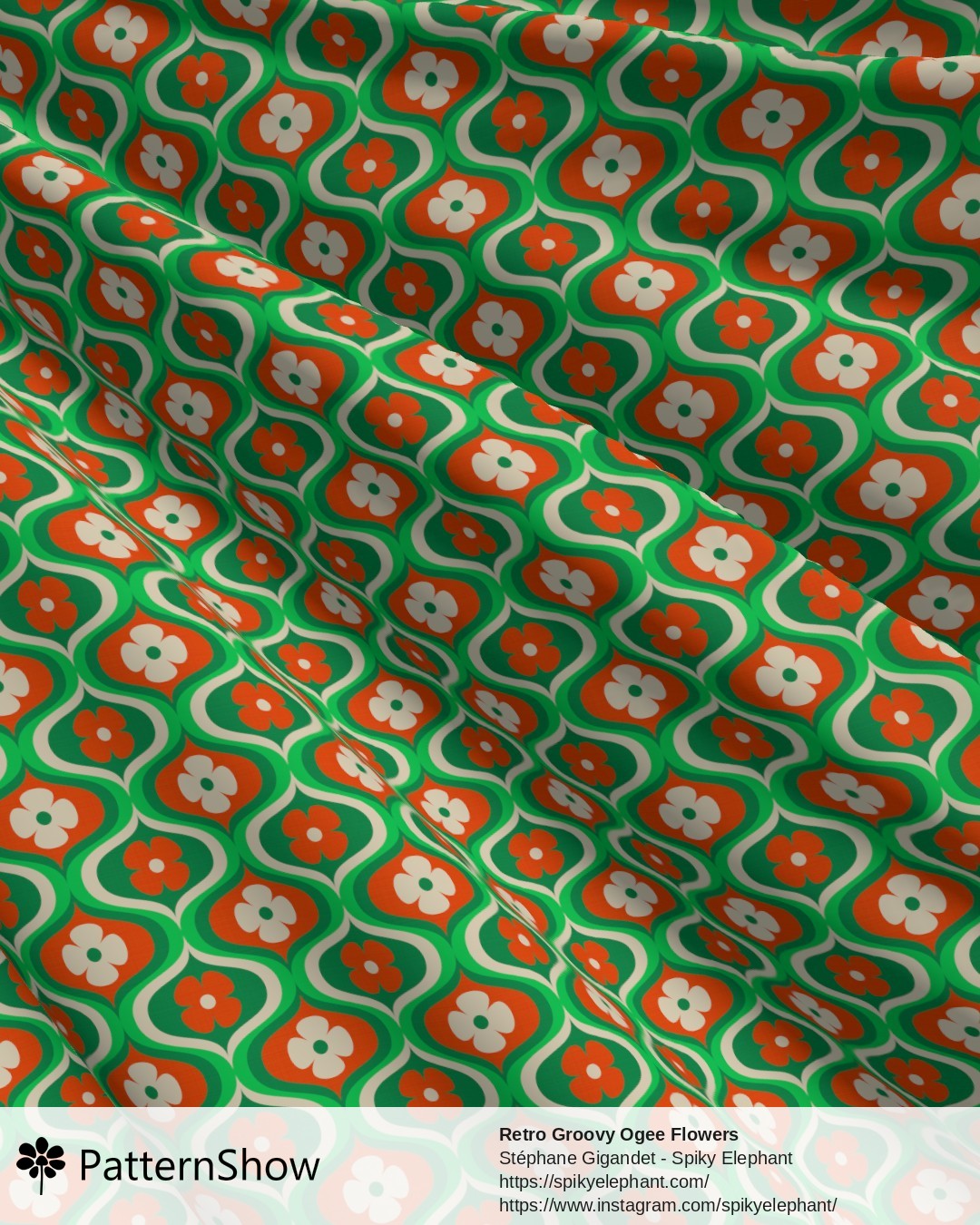 Retro Groovy Ogee Flowers - Green, Orange, Cream