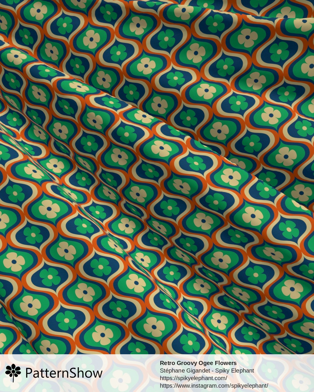 Retro Groovy Ogee Flowers - Orange, Navy Blue, Green, Cream
