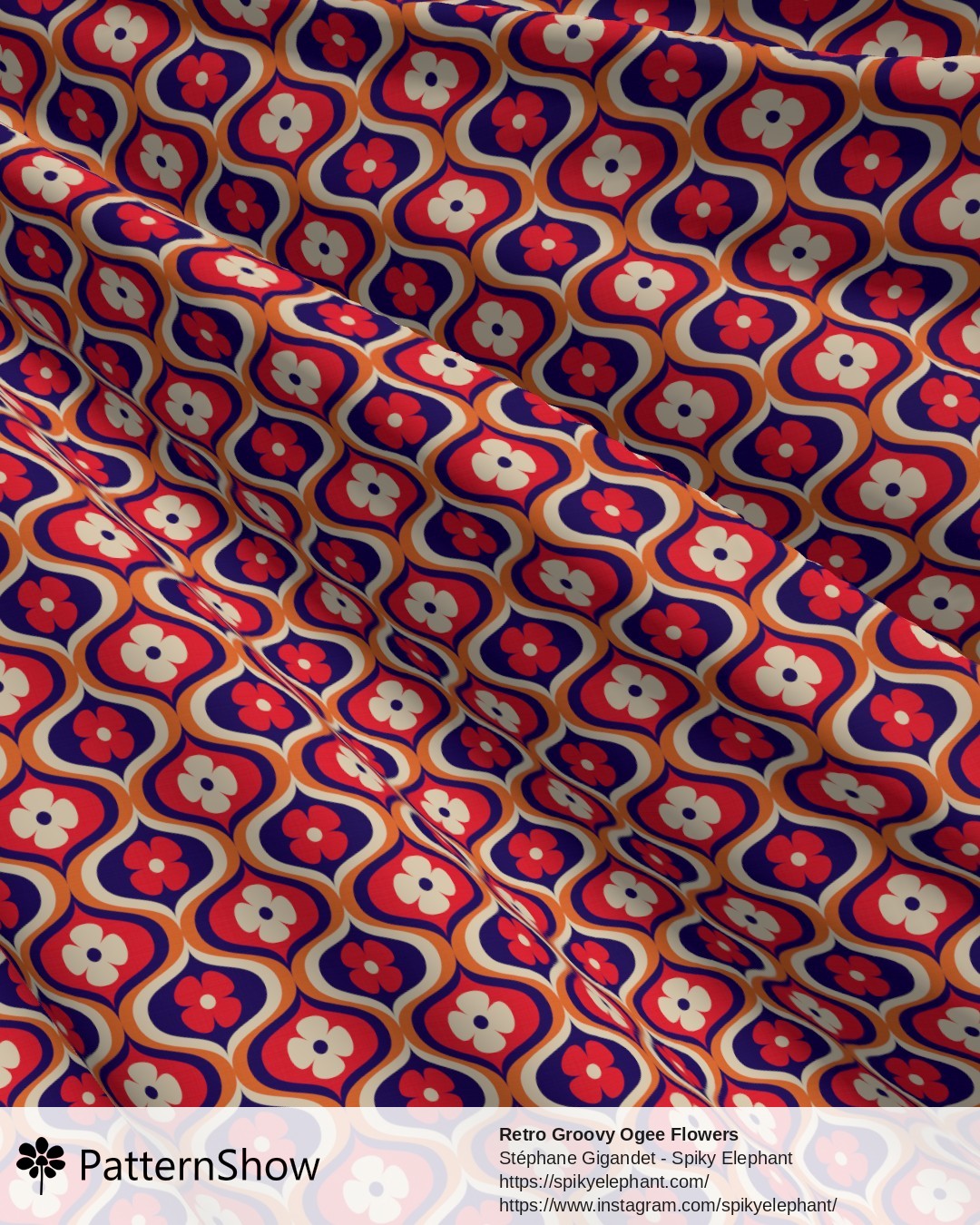 Retro Groovy Ogee Flowers - Indigo, Orange, Red, Cream