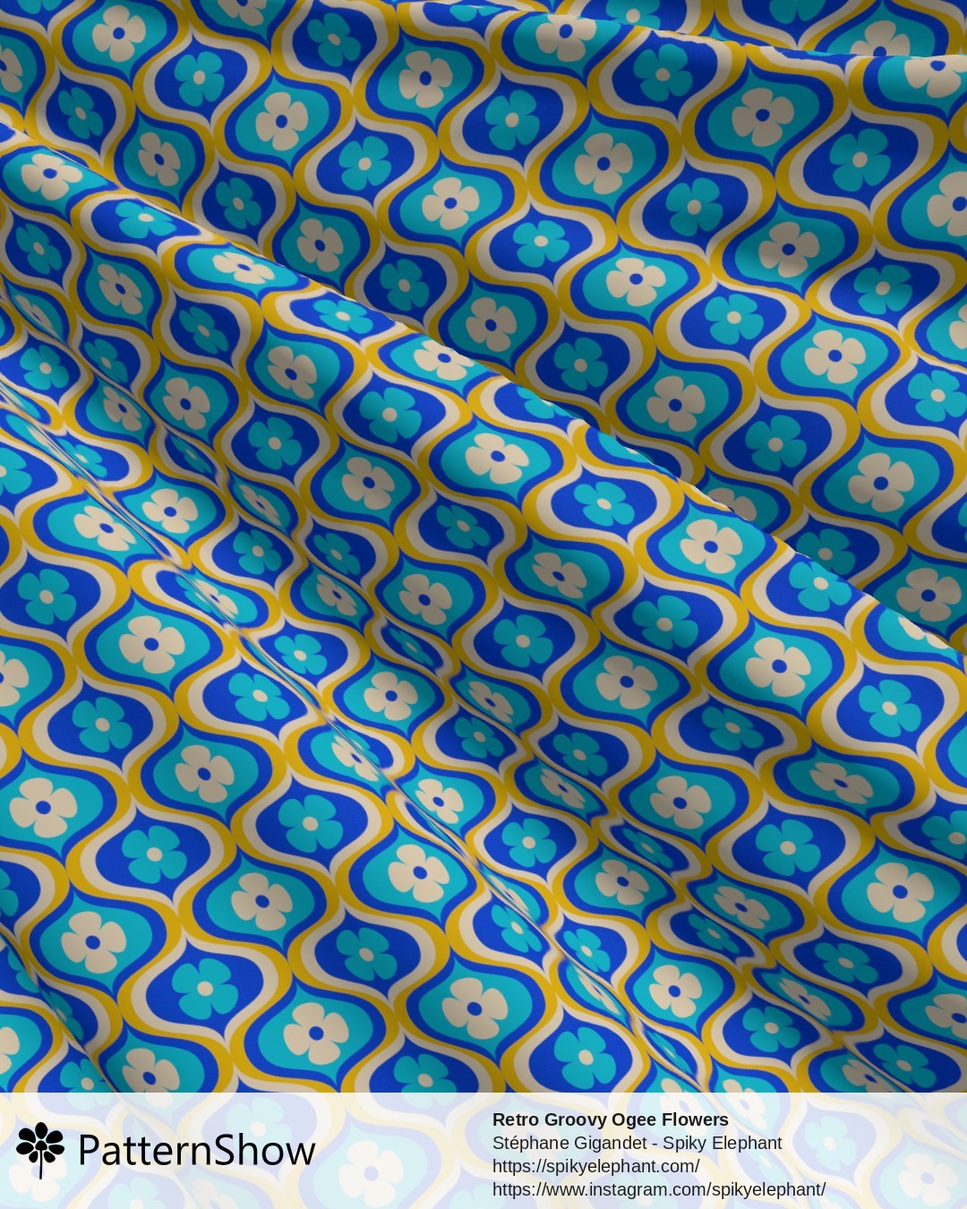Retro Groovy Ogee Flowers - Blue, Cyan, Yellow, Cream