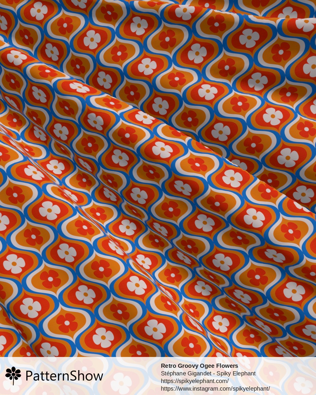Retro Groovy Ogee Flowers - Blue, Orange, Red, White