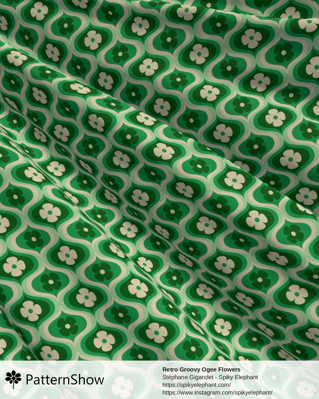 Retro Groovy Ogee Flowers - Emerald, Pine Green, Mint, White Cream
