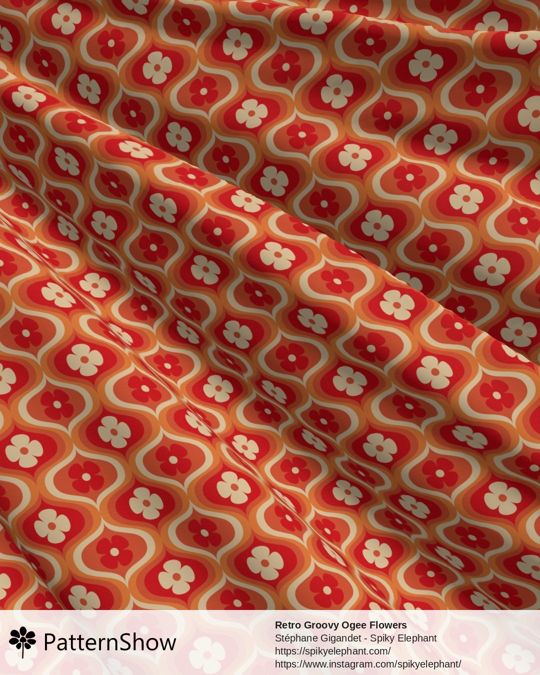 Retro Groovy Ogee Flowers - Funky Red, Peach Orange, White Cream