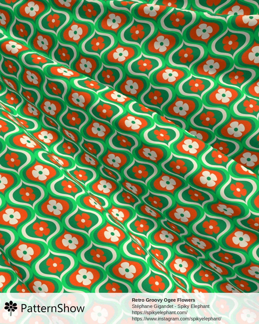 Retro Groovy Ogee Flowers - Green, Orange, Cream