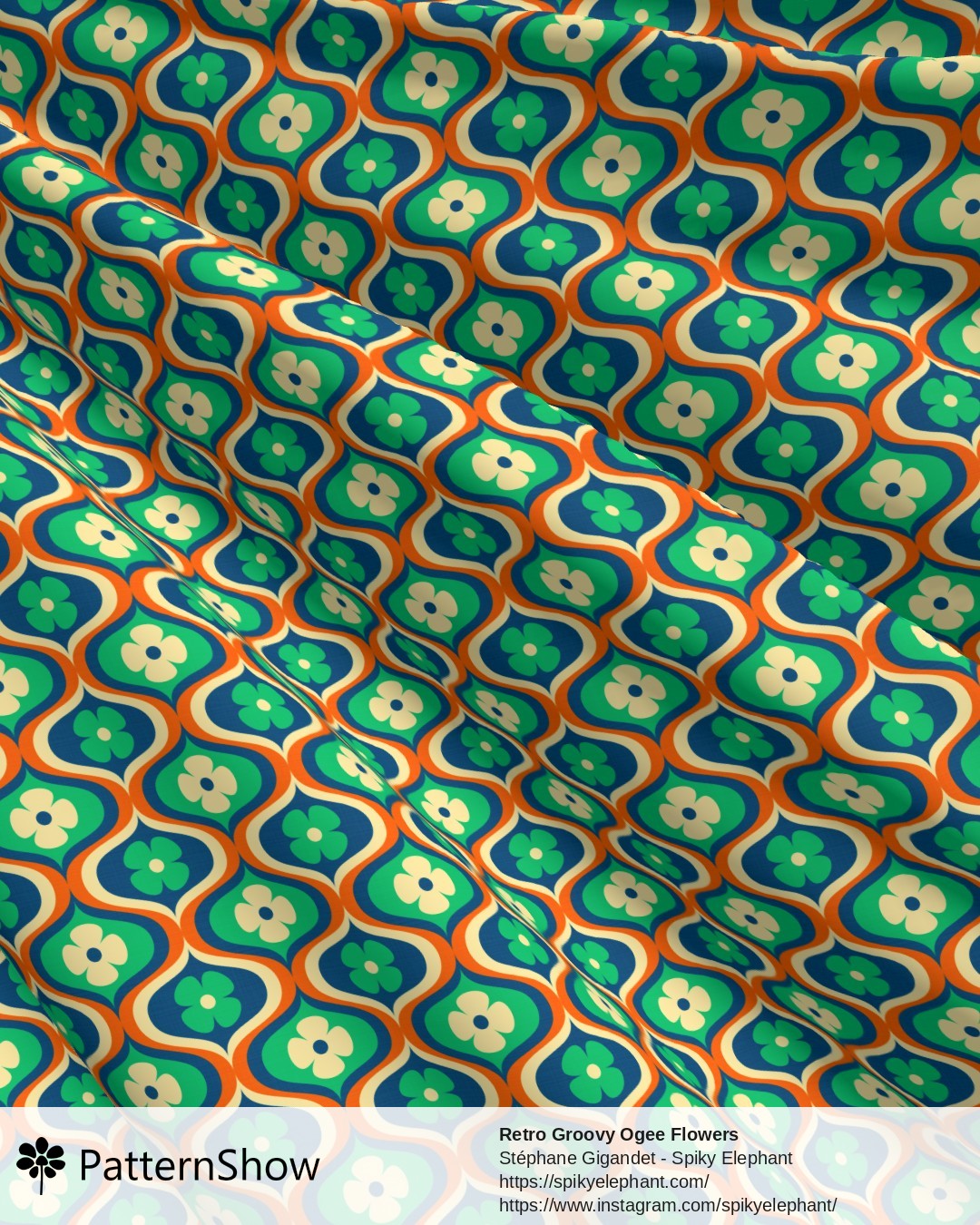 Retro Groovy Ogee Flowers - Orange, Navy Blue, Green, Cream
