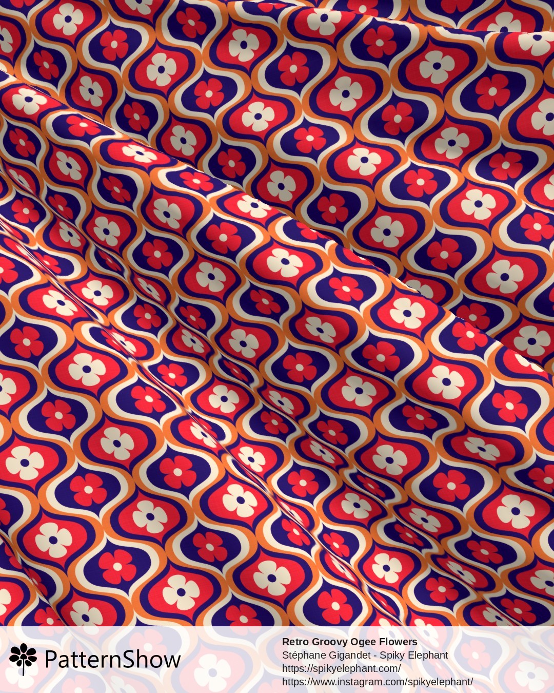 Retro Groovy Ogee Flowers - Indigo, Orange, Red, Cream