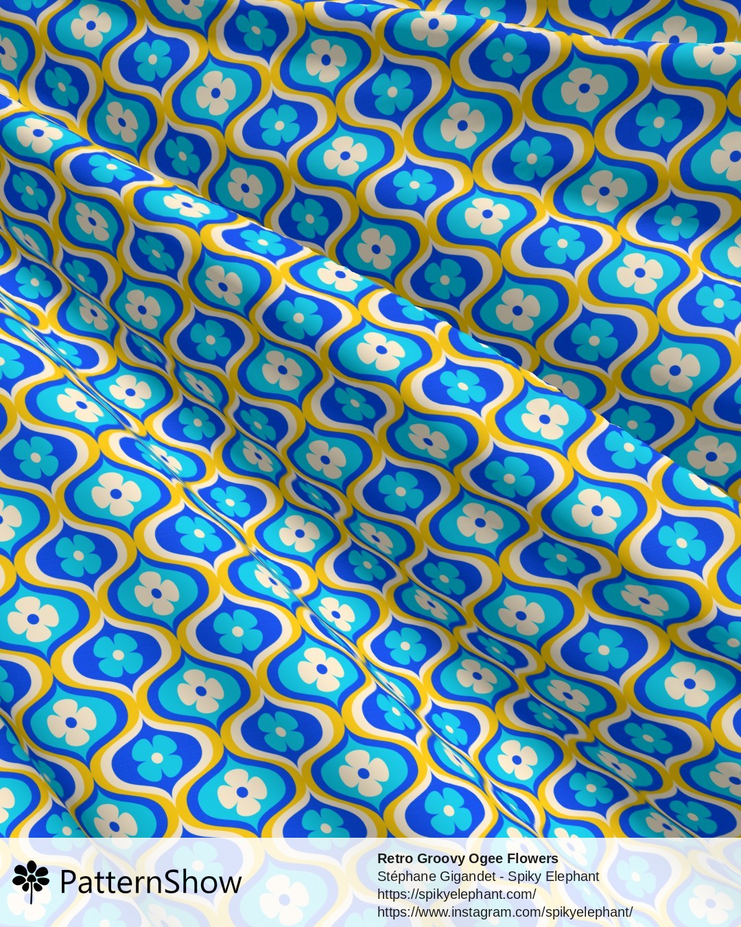 Retro Groovy Ogee Flowers - Blue, Cyan, Yellow, Cream