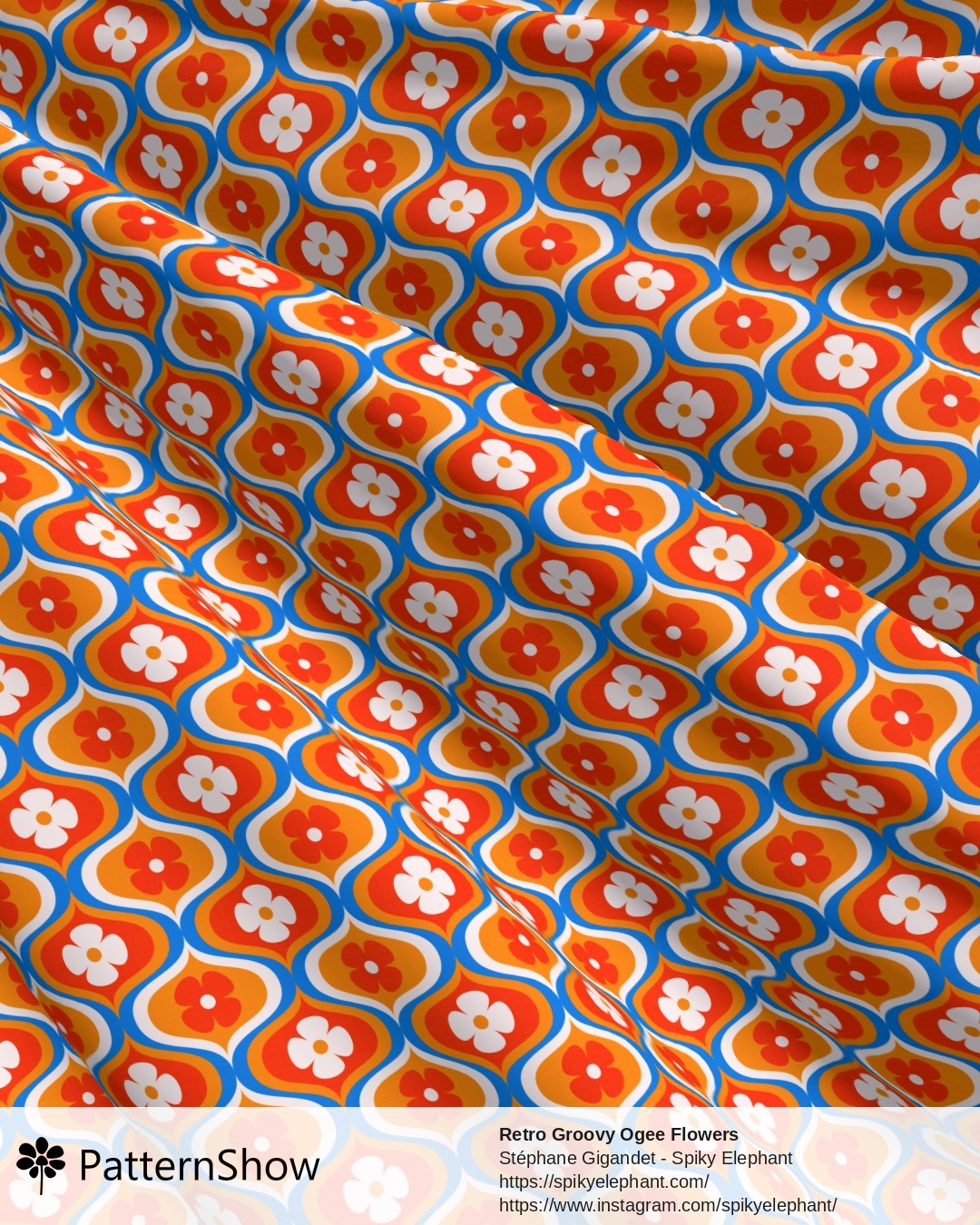 Retro Groovy Ogee Flowers - Blue, Orange, Red, White