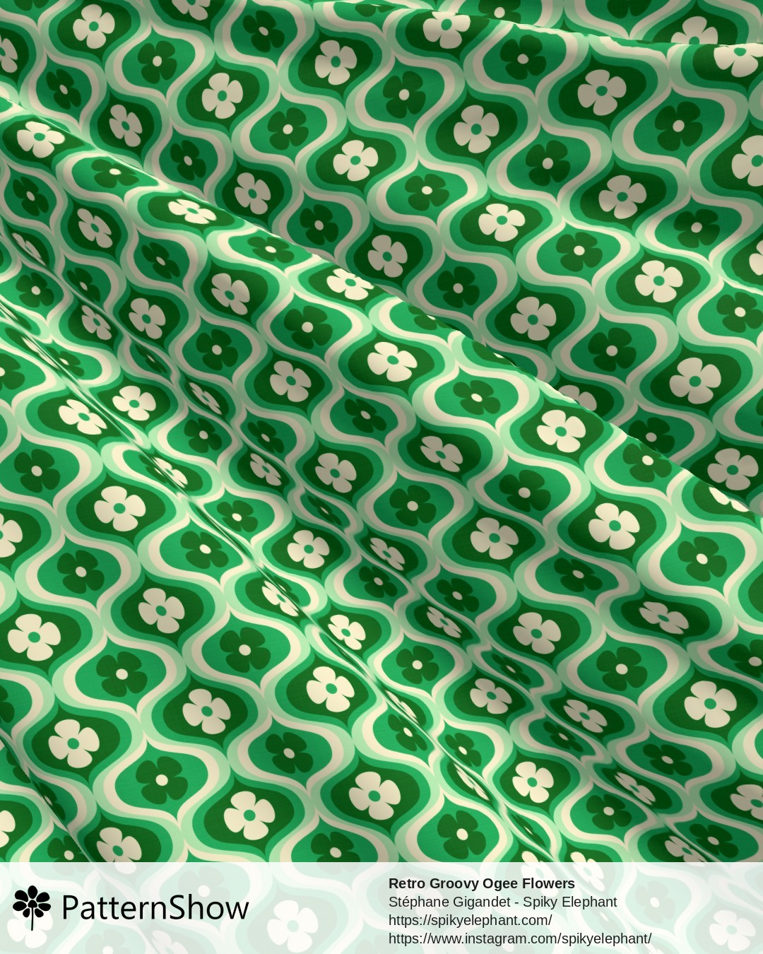 Retro Groovy Ogee Flowers - Emerald, Pine Green, Mint, White Cream