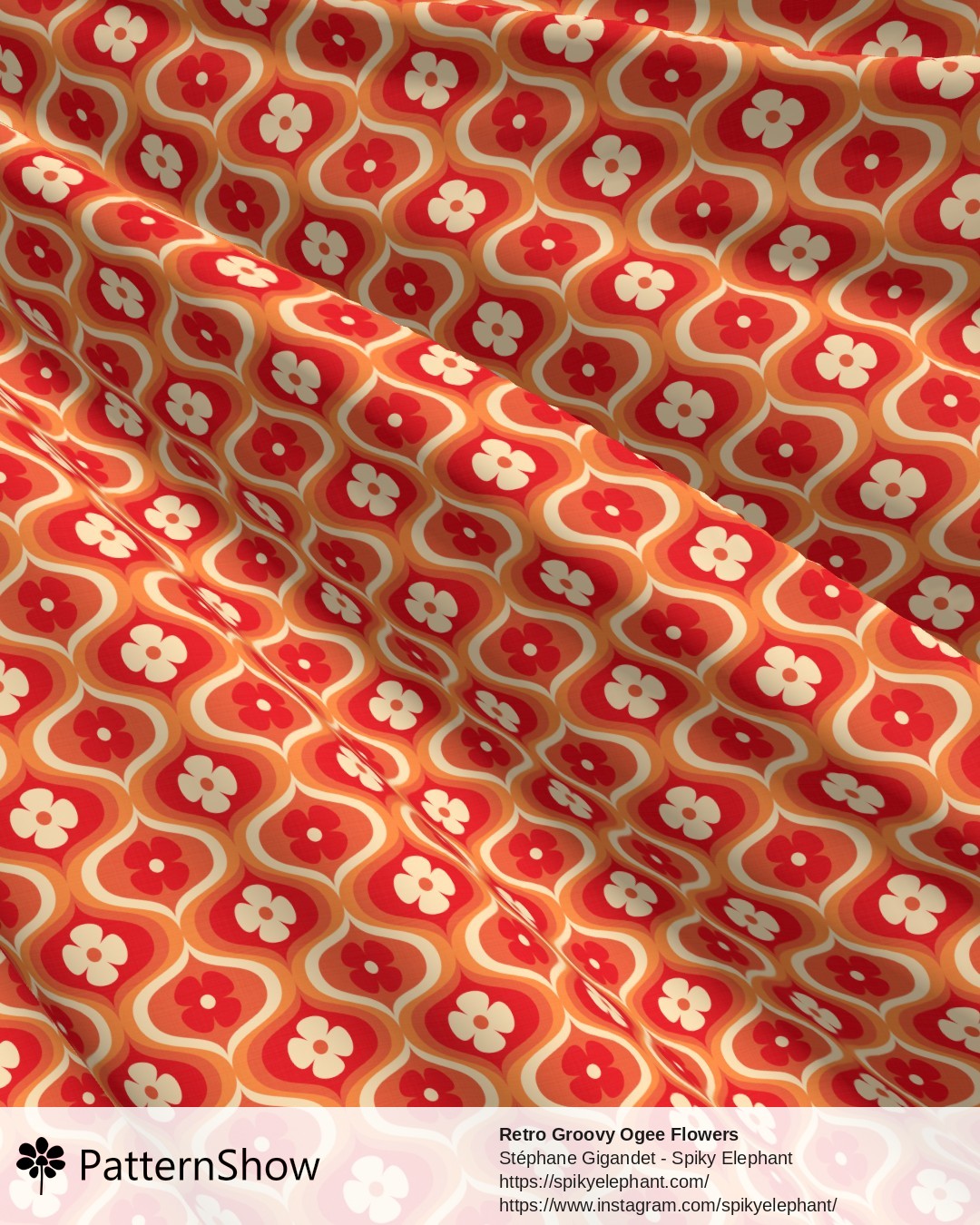 Retro Groovy Ogee Flowers - Funky Red, Peach Orange, White Cream