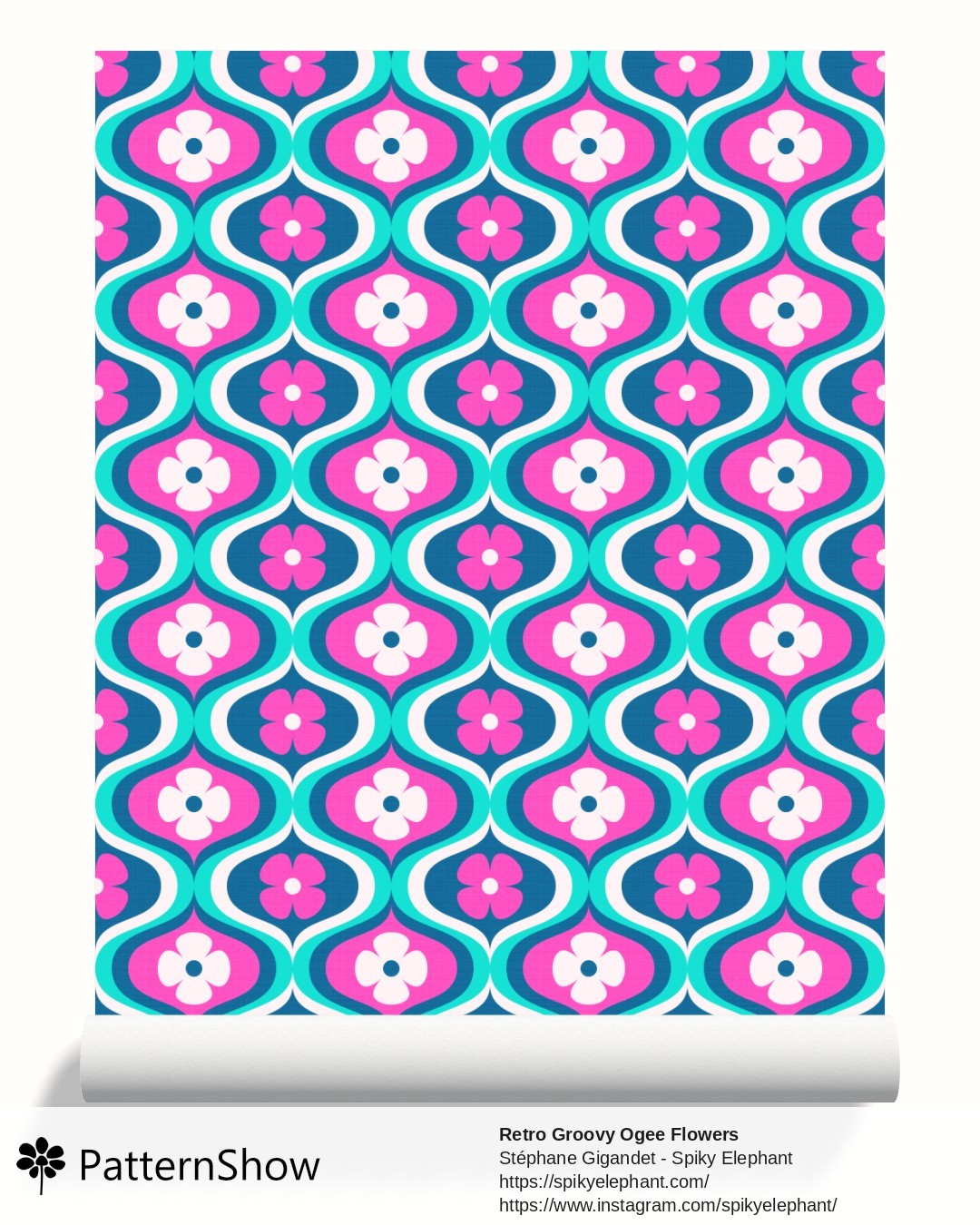 Retro Groovy Ogee Flowers wallpaper - Pink, Blue, Cyan, Cream