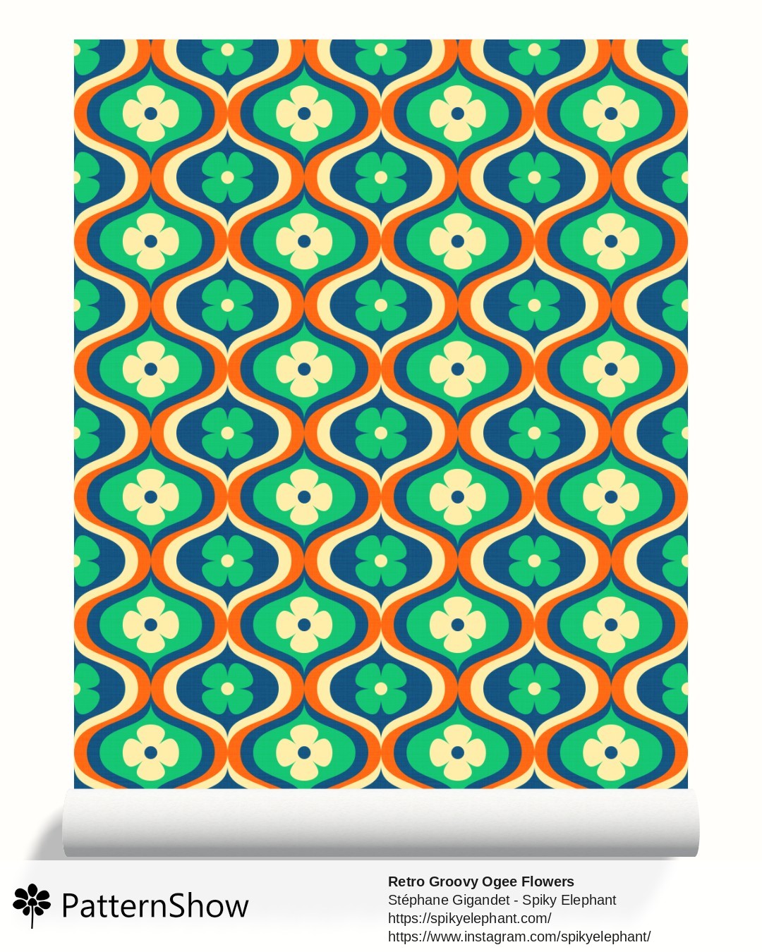 Retro Groovy Ogee Flowers wallpaper - Orange, Navy Blue, Green, Cream