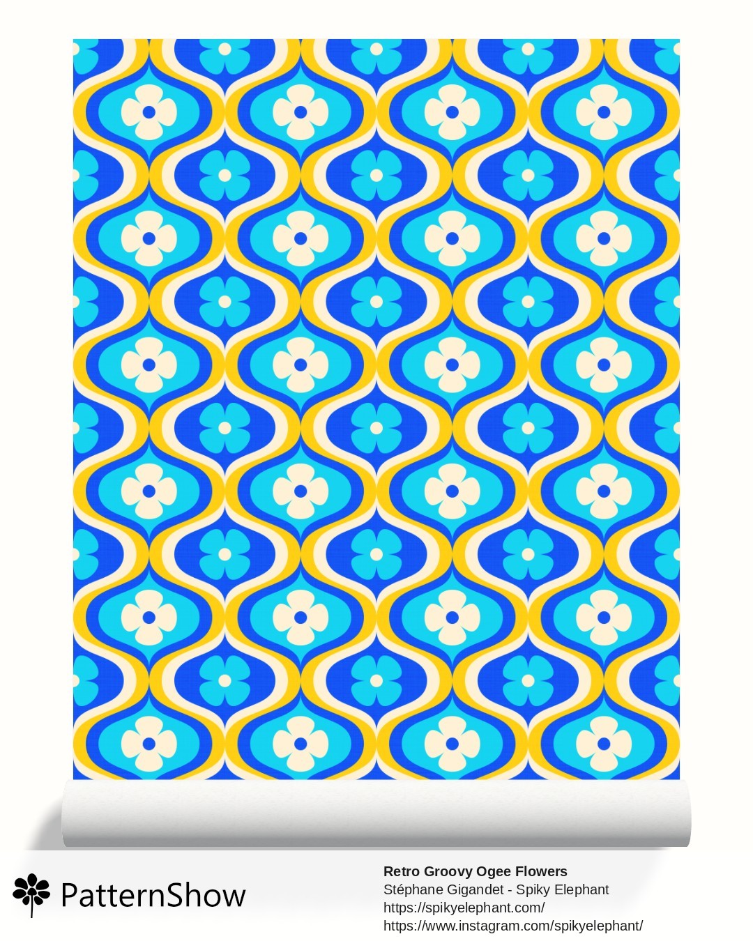 Retro Groovy Ogee Flowers wallpaper - Blue, Cyan, Yellow, Cream