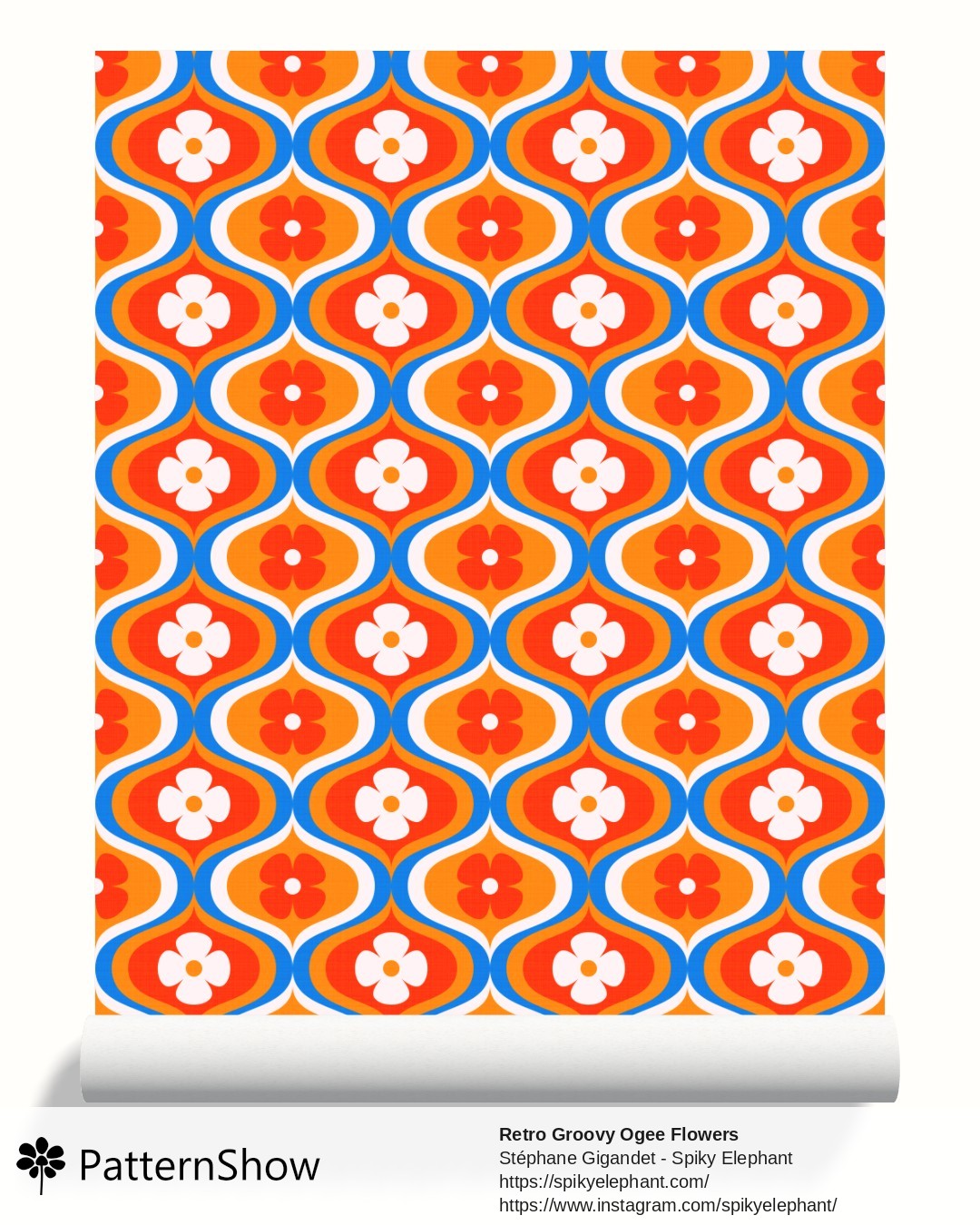 Retro Groovy Ogee Flowers wallpaper - Blue, Orange, Red, White
