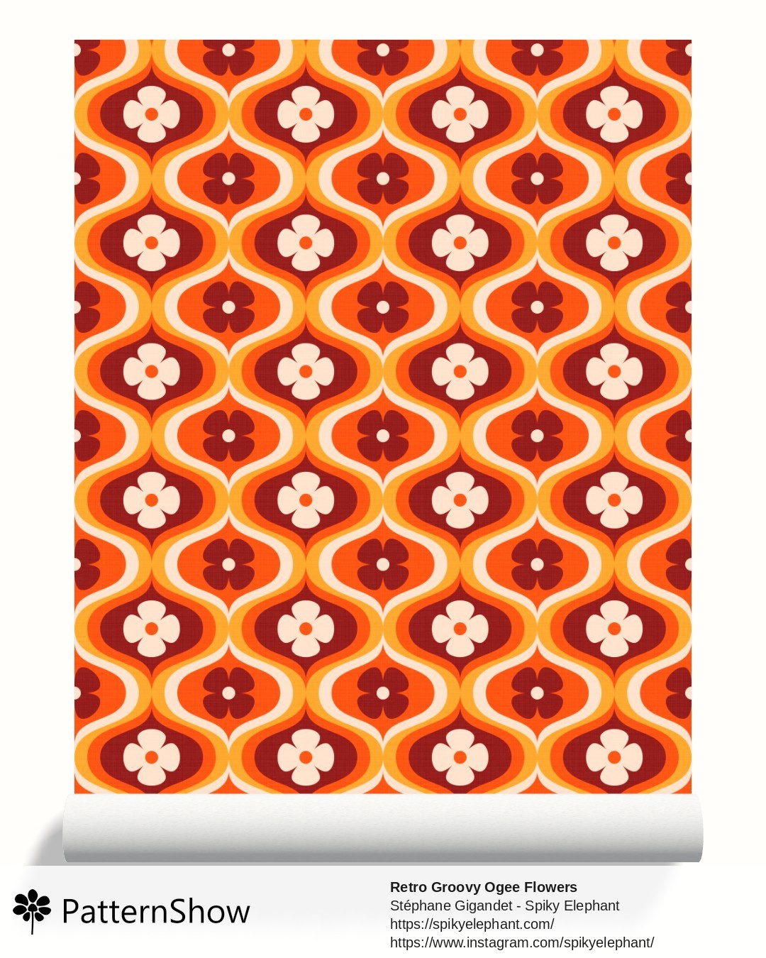 Retro Groovy Ogee Flowers wallpaper - Orange, Brown, Golden Yellow, White Cream