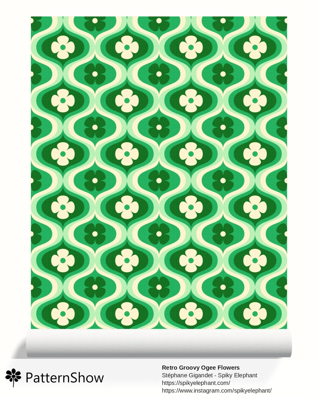 Retro Groovy Ogee Flowers wallpaper - Emerald, Pine Green, Mint, White Cream