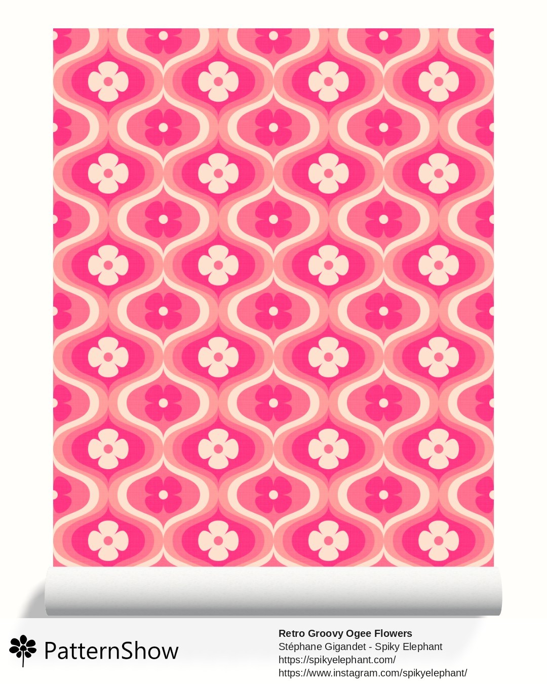 Retro Groovy Ogee Flowers wallpaper - Magenta, Girly Pink, White Cream