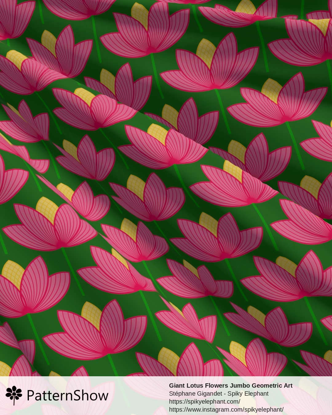Giant Lotus Flowers Jumbo Geometric Art Deco Floral - Green Hot Pink Fuschia Yellow