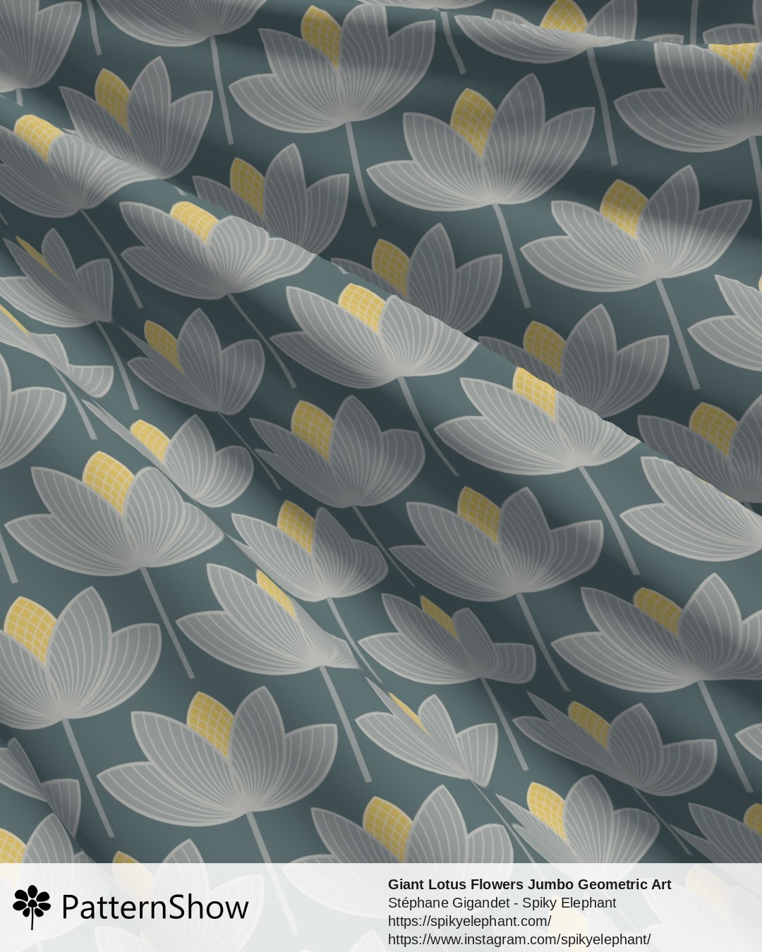 Giant Lotus Flowers Jumbo Geometric Art Deco Floral - Blue Light Grey Yellow