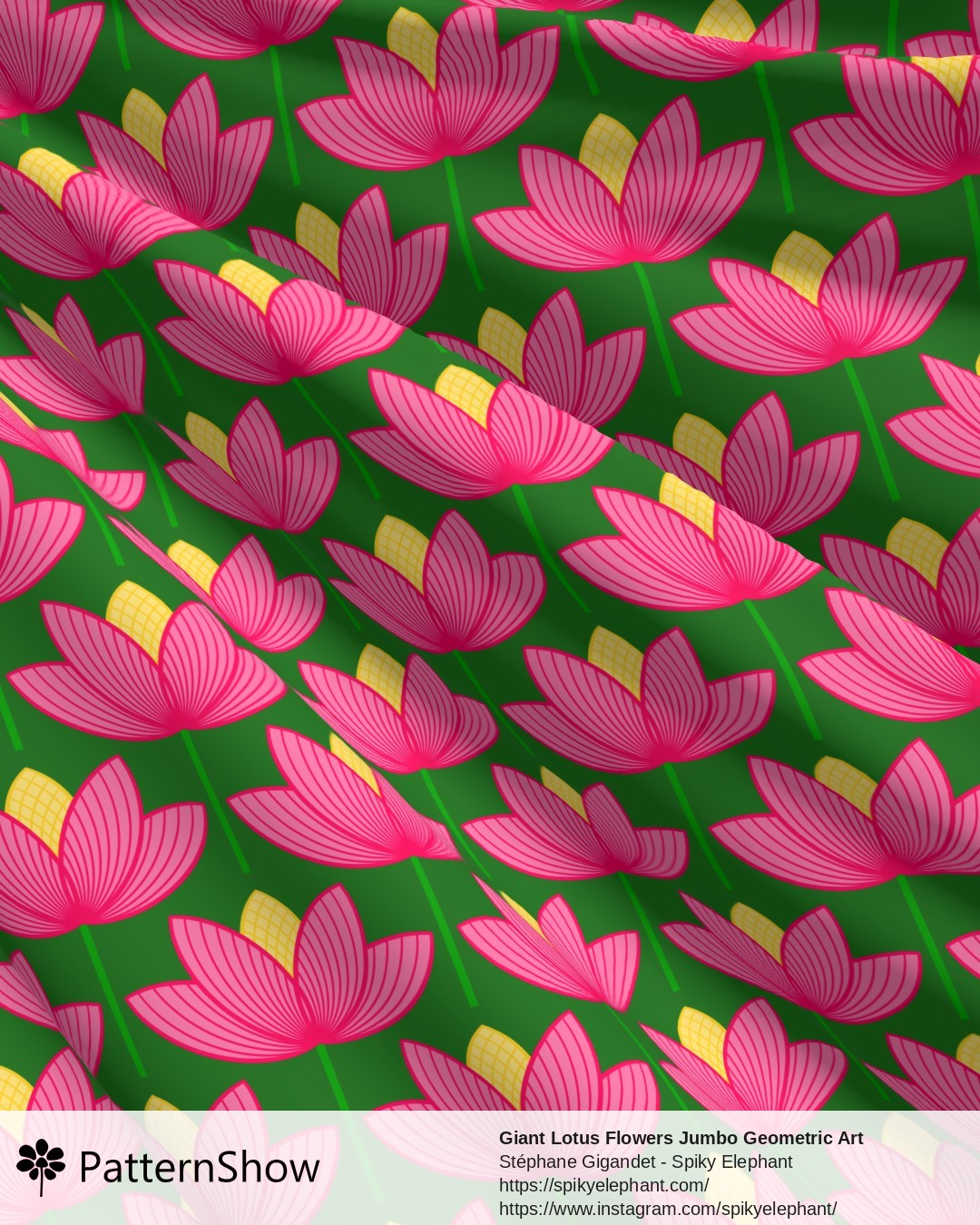 Giant Lotus Flowers Jumbo Geometric Art Deco Floral - Green Hot Pink Fuschia Yellow