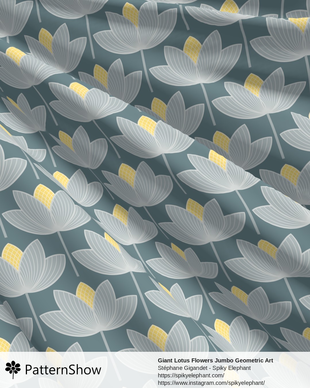 Giant Lotus Flowers Jumbo Geometric Art Deco Floral - Blue Light Grey Yellow