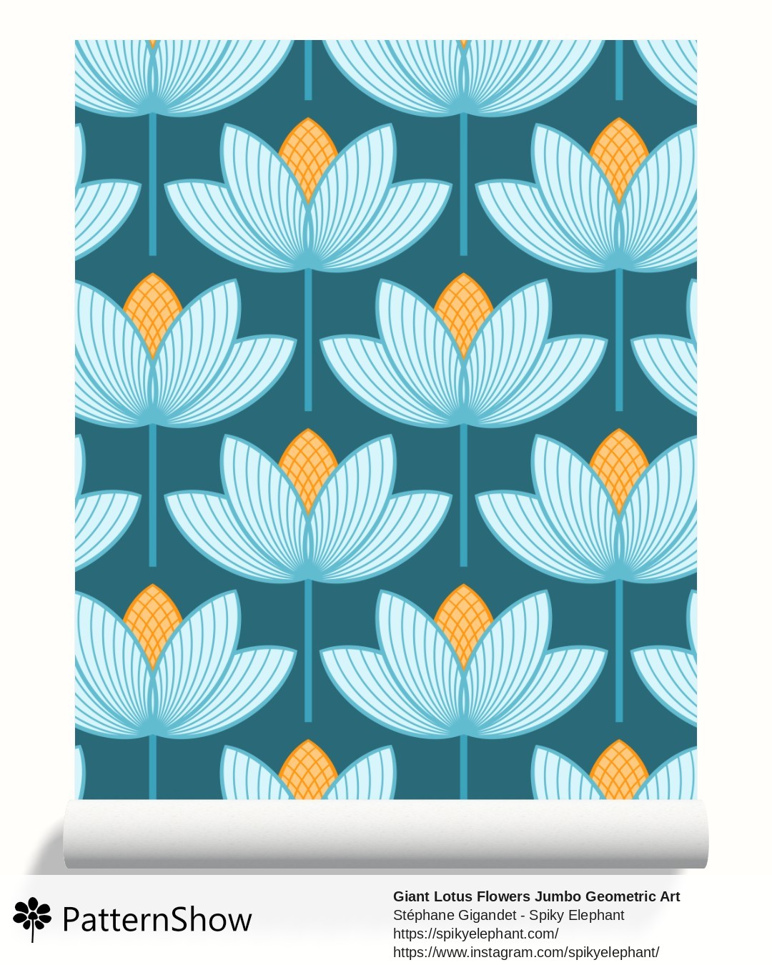 Giant Lotus Flowers Jumbo Geometric Art Deco Floral wallpaper - Teal Blue Cyan Orange