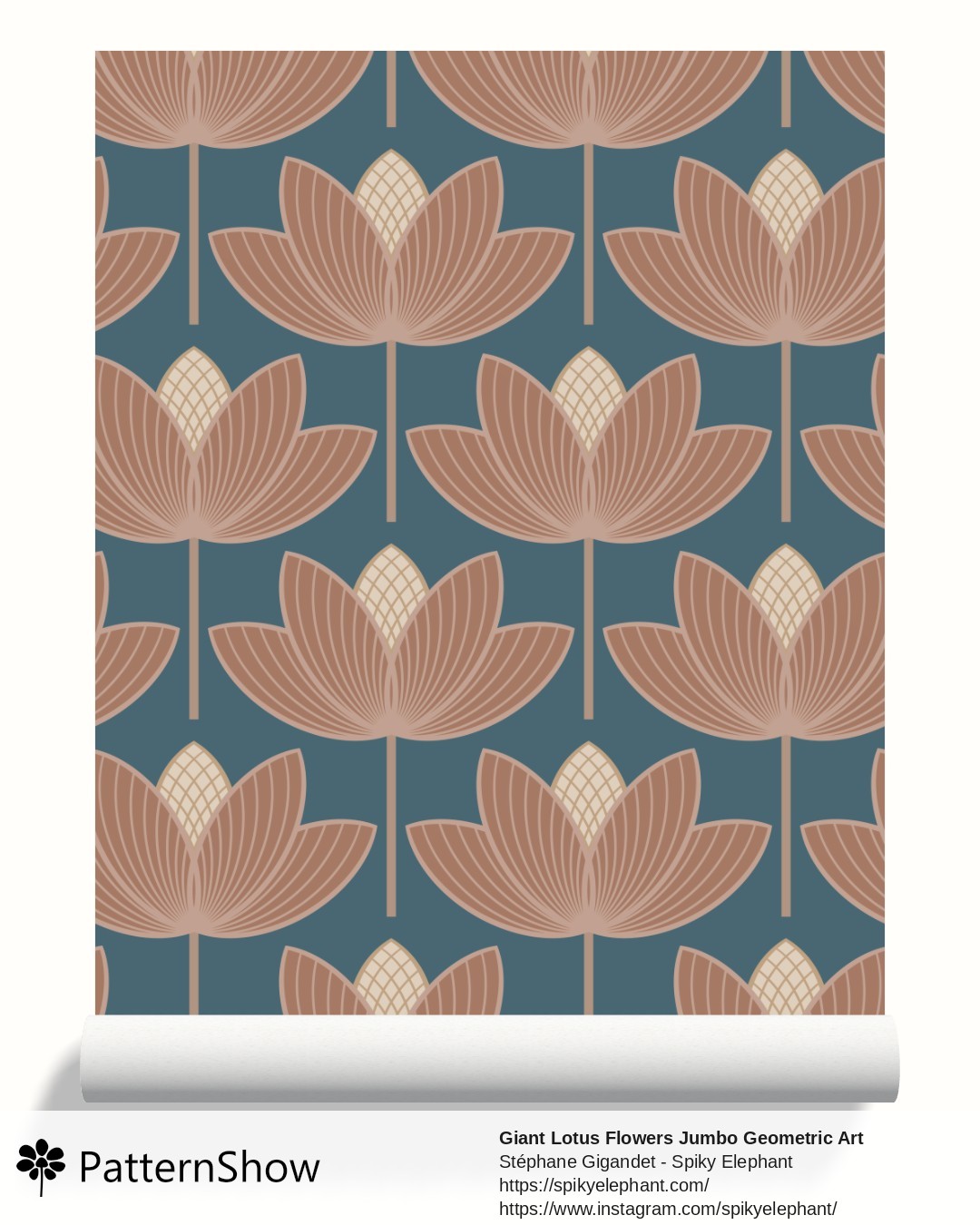 Giant Lotus Flowers Jumbo Geometric Art Deco Floral wallpaper - huge-lotus.mocha-mousse-tapestry-blue2.3600x7200