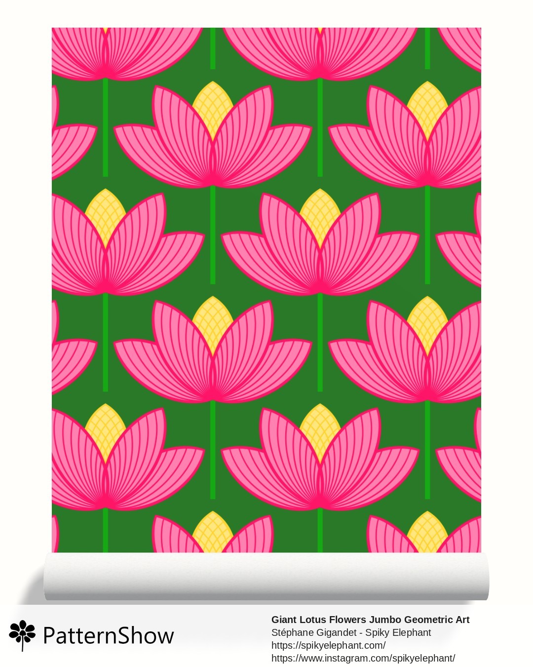 Giant Lotus Flowers Jumbo Geometric Art Deco Floral wallpaper - Green Hot Pink Fuschia Yellow