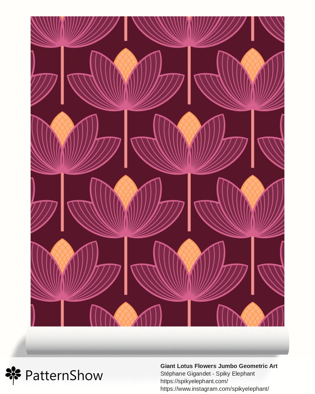Giant Lotus Flowers Jumbo Geometric Art Deco Floral wallpaper - Burgundy Purple Pink Orange