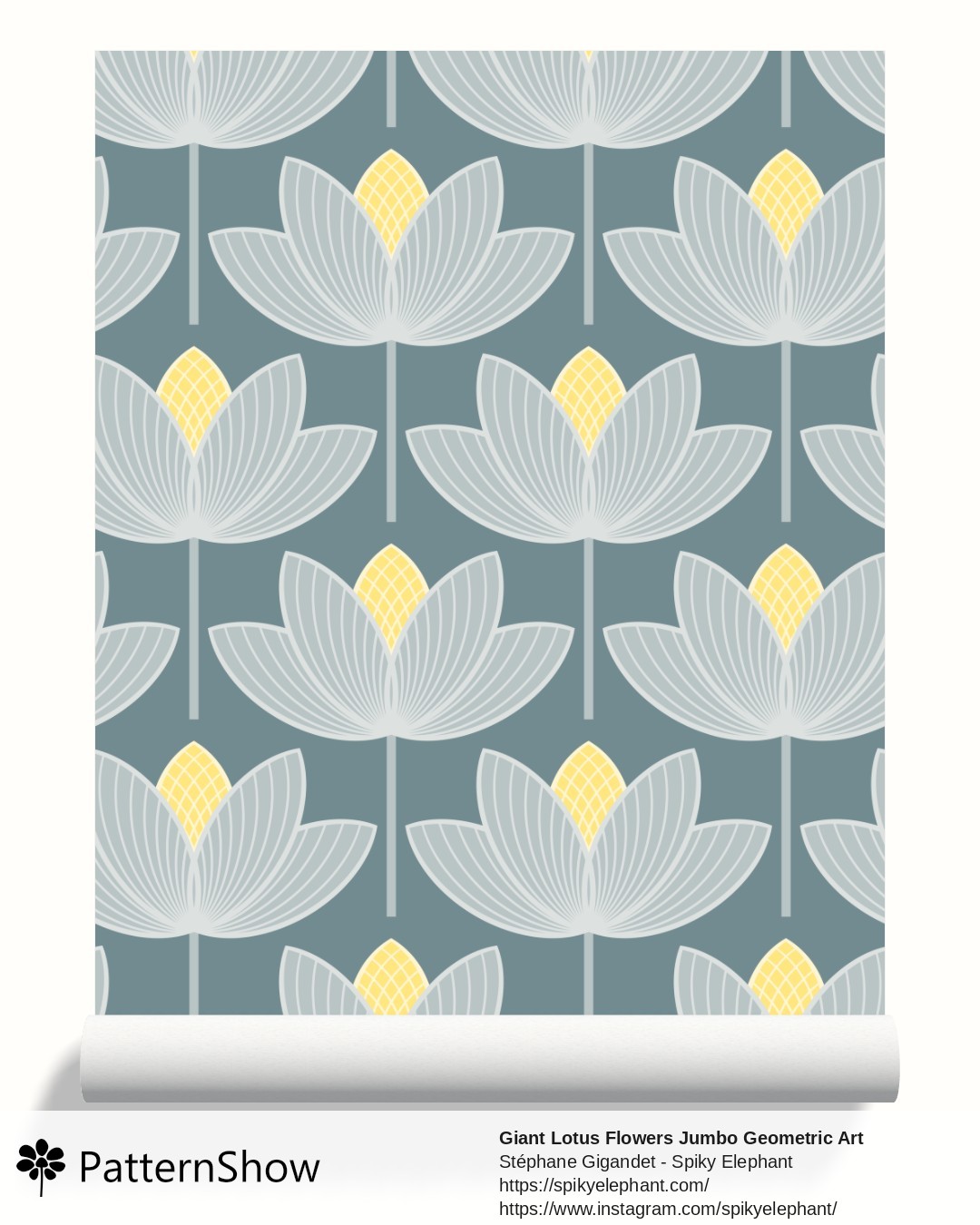 Giant Lotus Flowers Jumbo Geometric Art Deco Floral wallpaper - Blue Light Grey Yellow