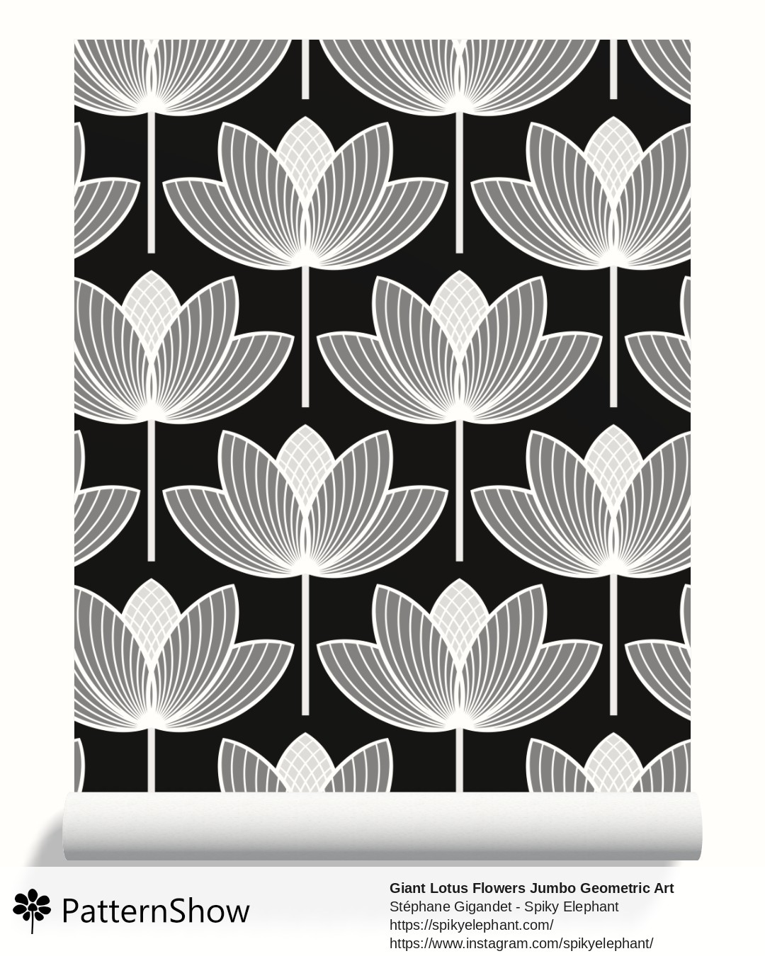 Giant Lotus Flowers Jumbo Geometric Art Deco Floral wallpaper - White on Black