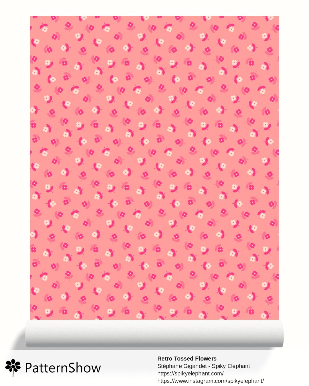 Retro Tossed Flowers wallpaper - Rose Magenta Pink Cream