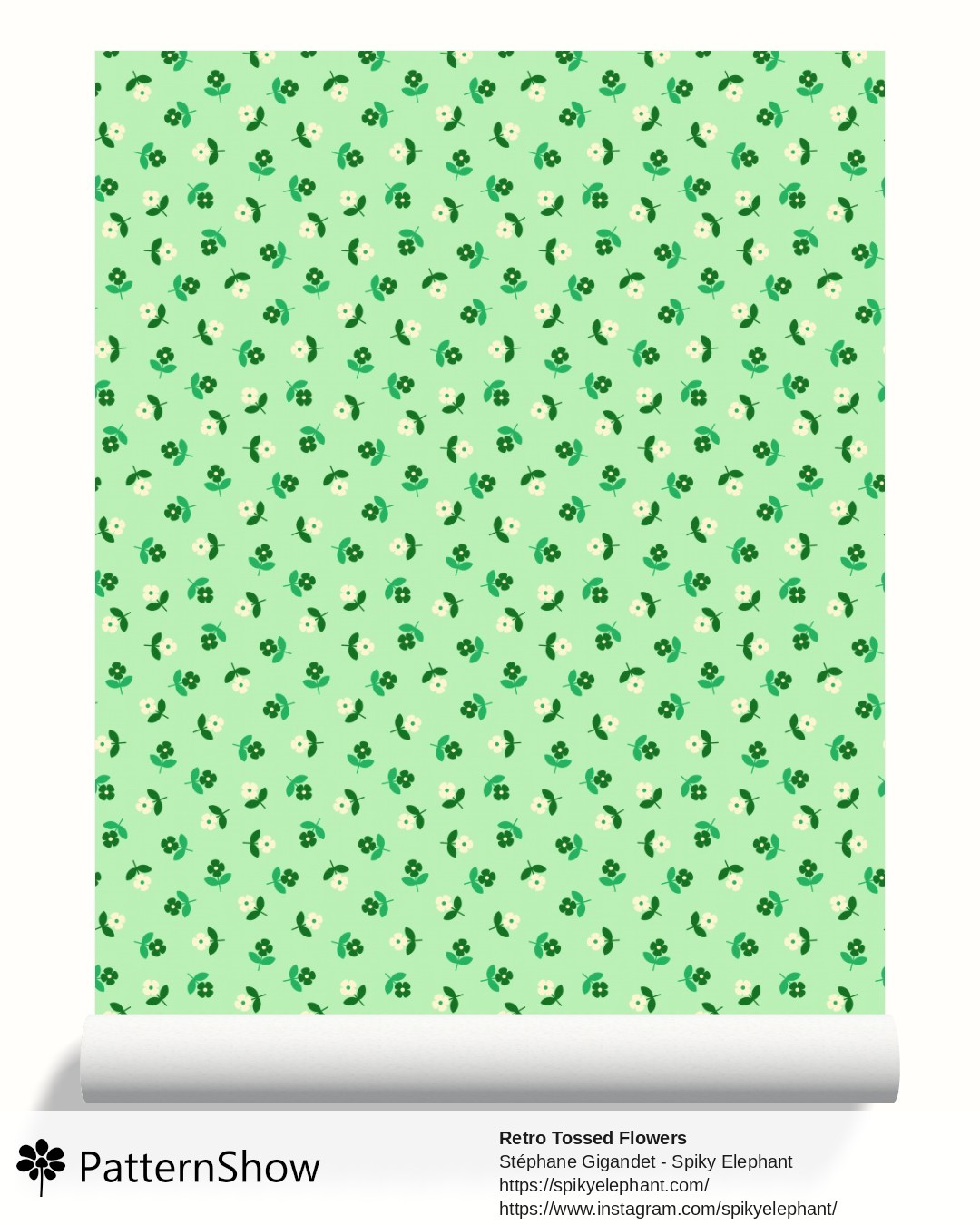 Retro Tossed Flowers wallpaper - Green Cream