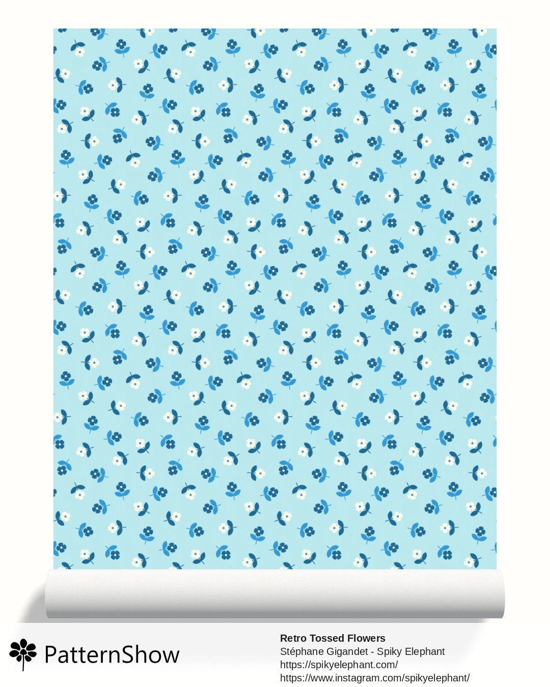 Retro Tossed Flowers wallpaper - Blue Cream