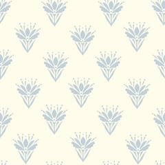 Scattered Light Blue and Cream Floral Motif Geometric Block Print - Pale blue on cream