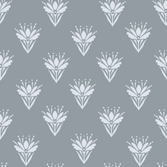 Scattered Light Blue and Cream Floral Motif Geometric Block Print - Blue Gray