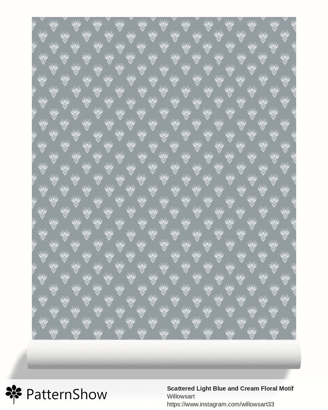 Scattered Light Blue and Cream Floral Motif Geometric Block Print wallpaper - Blue Gray