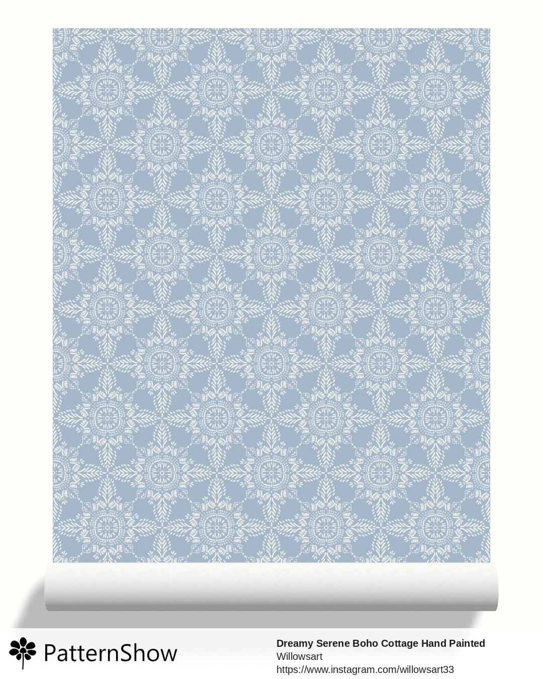 Dreamy Serene Boho Cottage Hand Painted Medallion wallpaper - S24-12bluedoubled-PB feathered tile