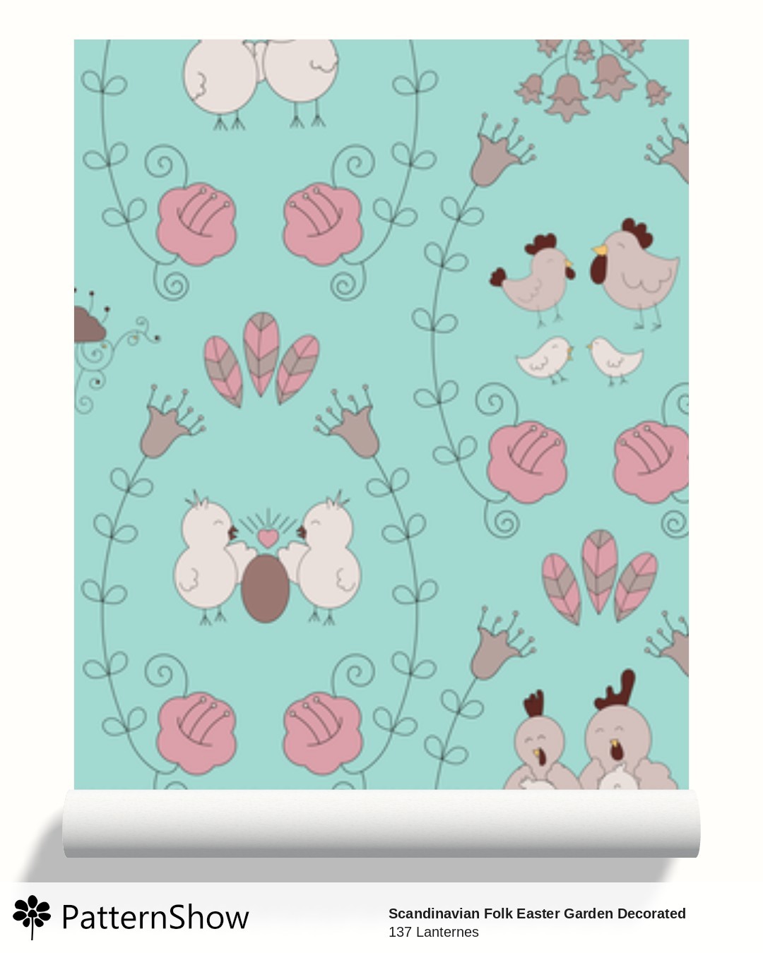 Scandinavian Folk Easter Garden Decorated Eggs with Chicks, Tulips and Floral Vines on aqua background wallpaper - turquoise and black outline