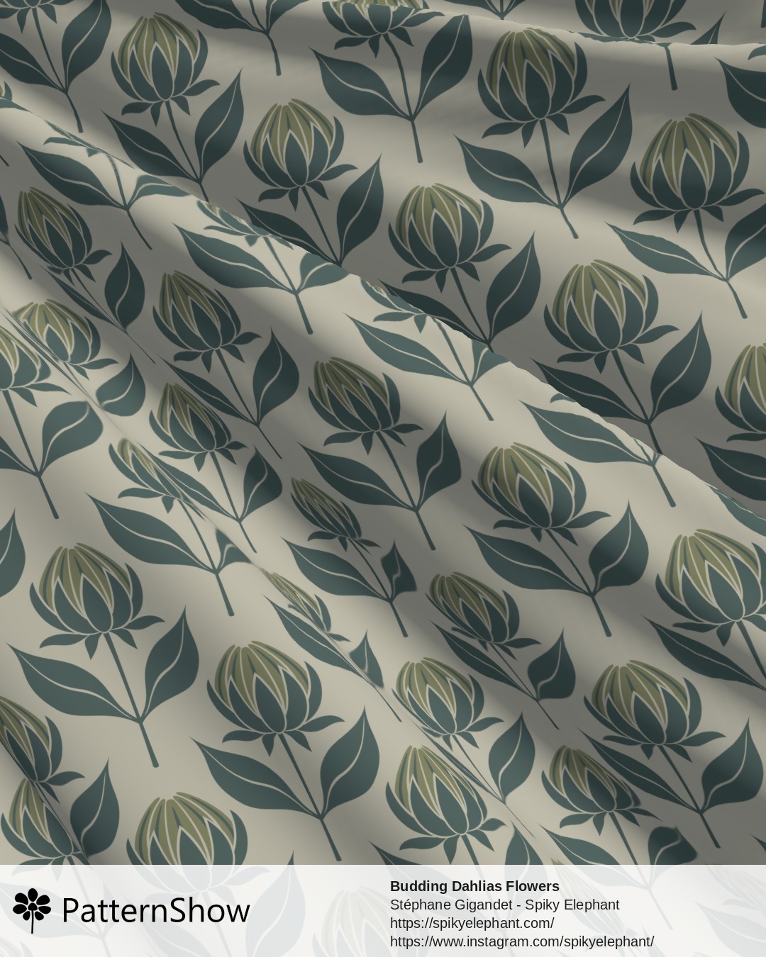 Budding Dahlias Flowers - budding-dahlias.olive-green-teal-cream.3600x3600