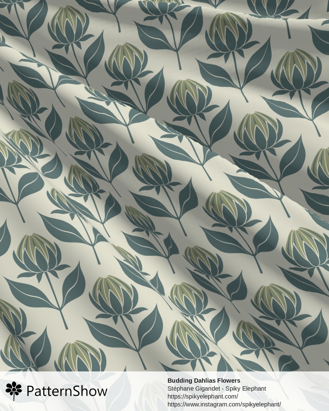 Budding Dahlias Flowers - budding-dahlias.olive-green-teal-cream.3600x3600