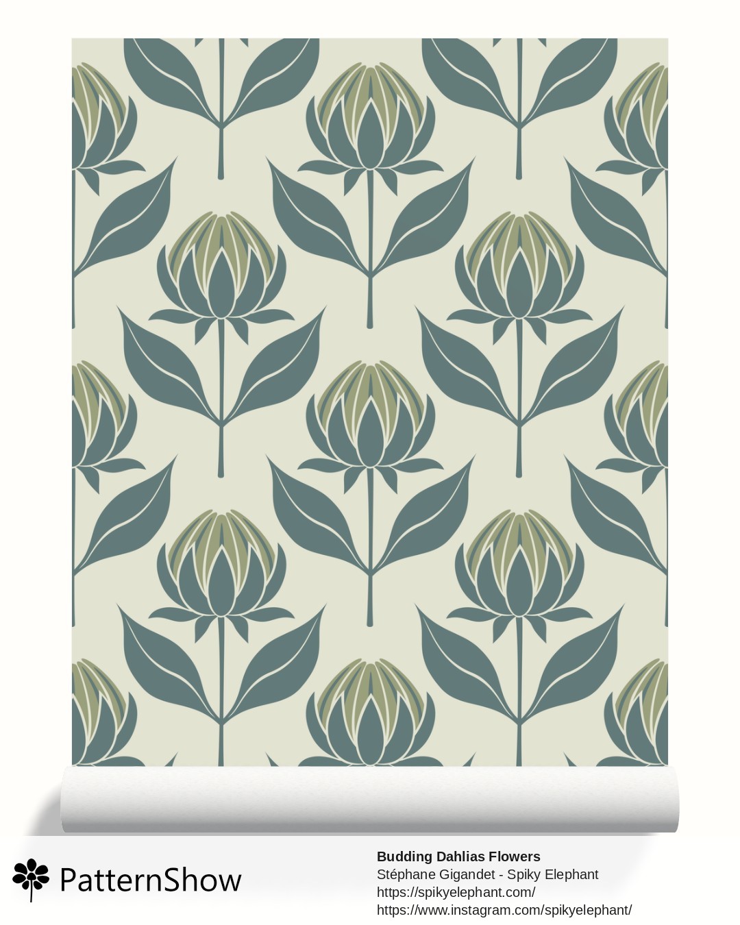 Budding Dahlias Flowers wallpaper - budding-dahlias.olive-green-teal-cream.3600x3600