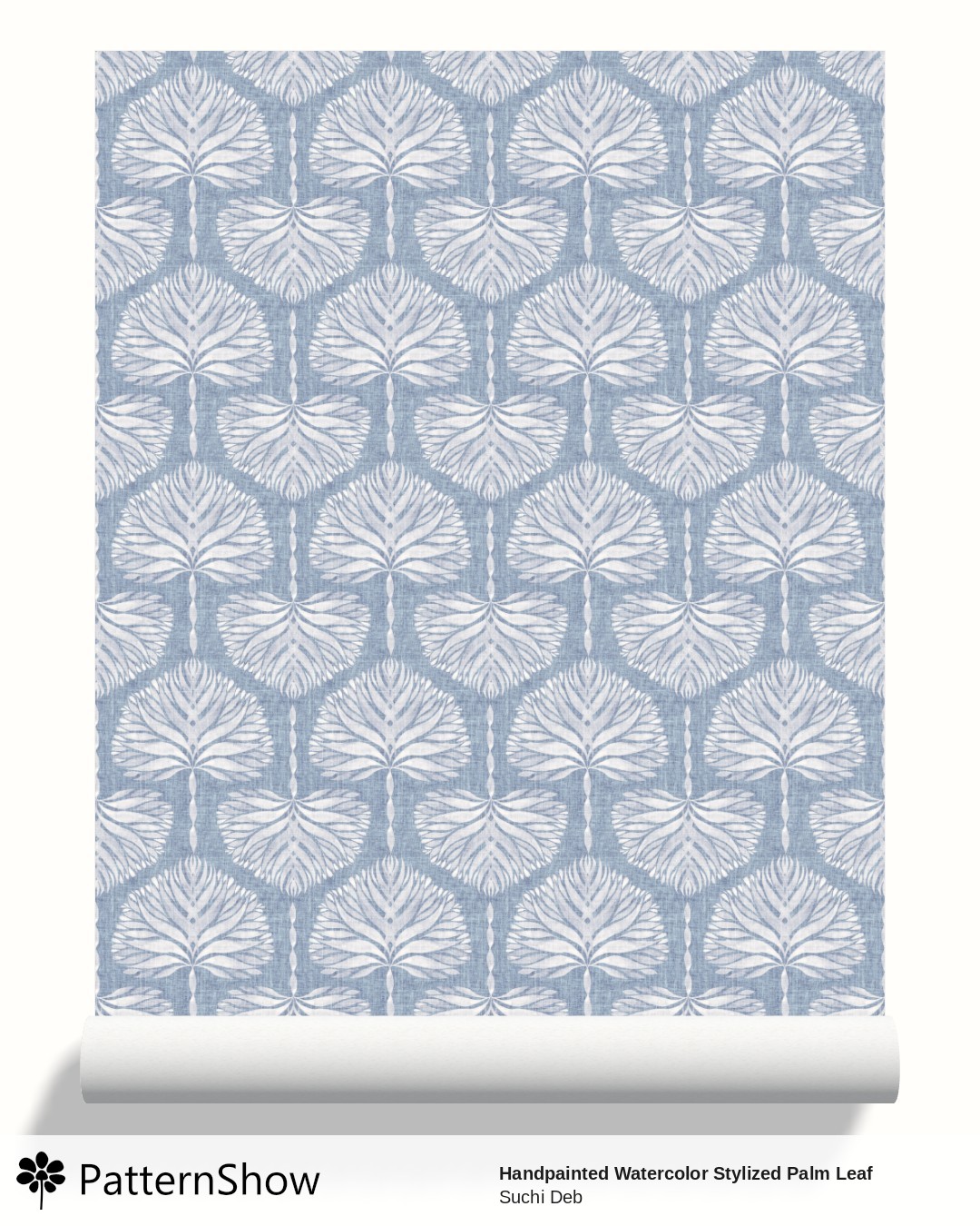 Handpainted Watercolor Stylized Palm Leaf Botanical - Muted Blue Linen Texture wallpaper - coastal blue