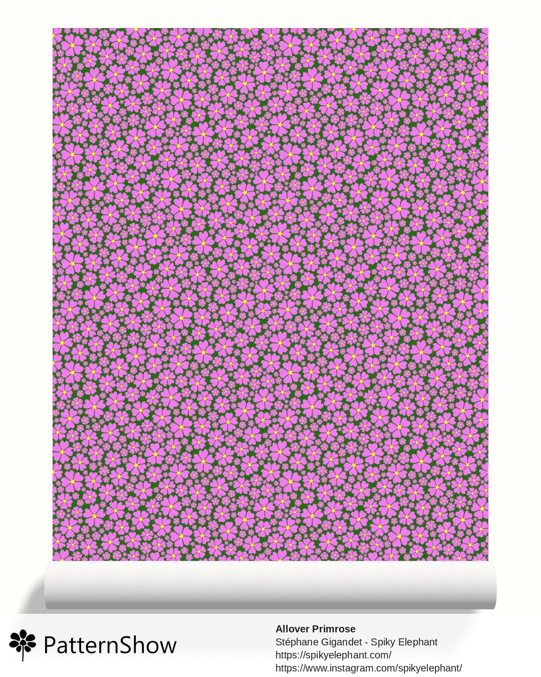 Allover Primrose wallpaper - Pink on Emerald Green