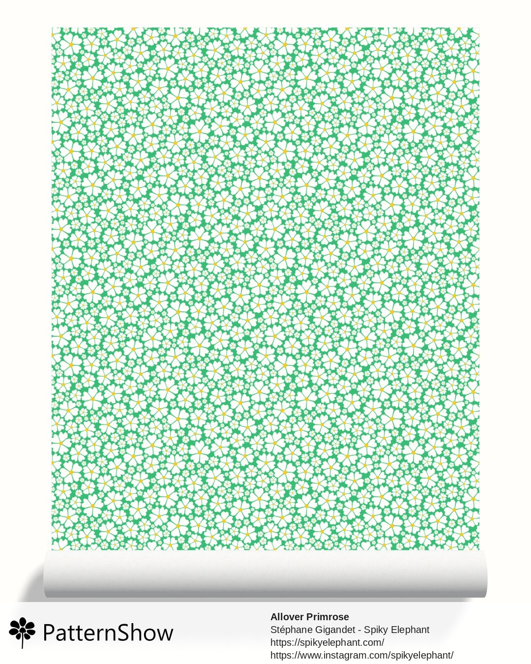 Allover Primrose wallpaper - White on Forest Green