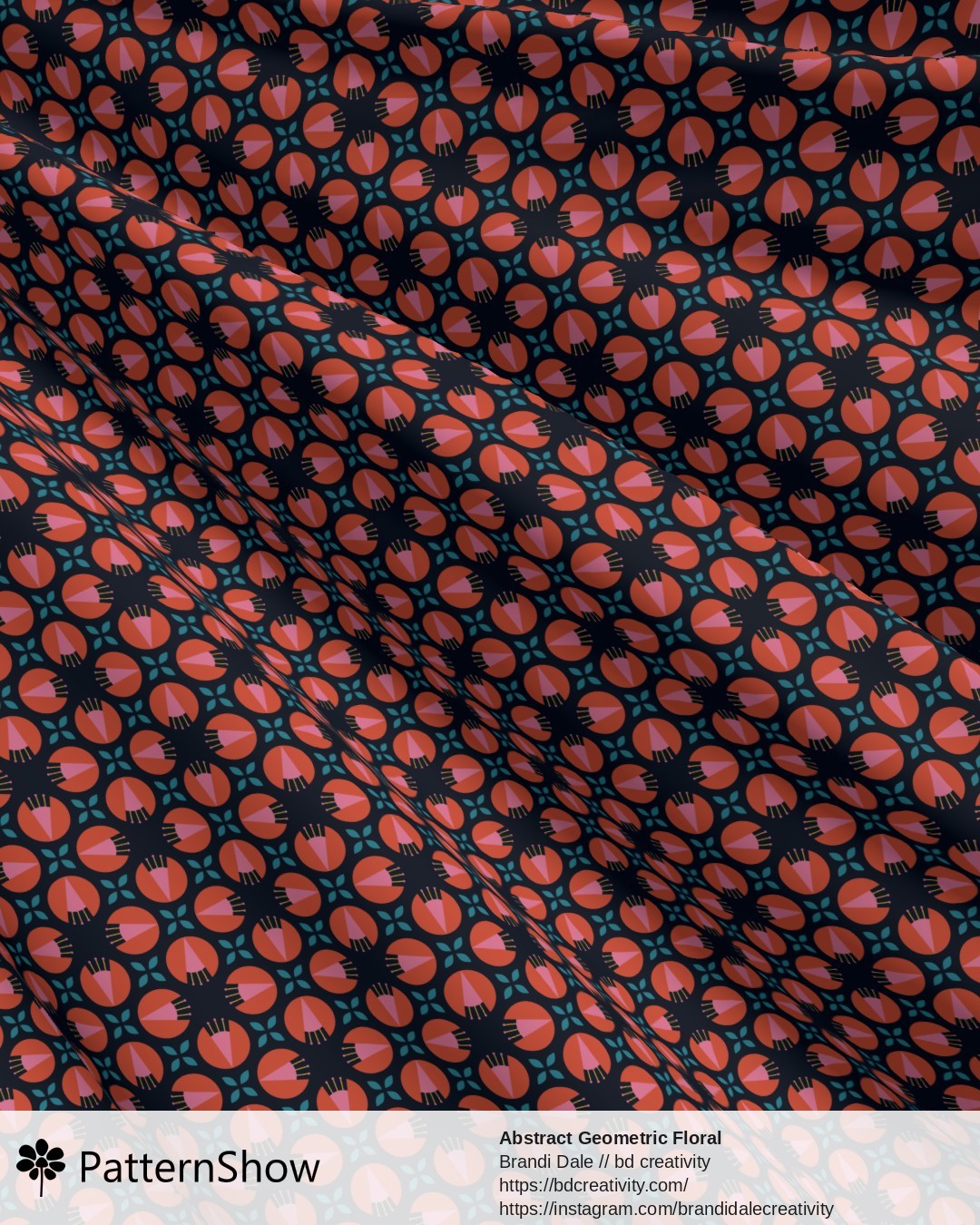 Abstract Geometric Floral - Vermilion and Pink on Dark
