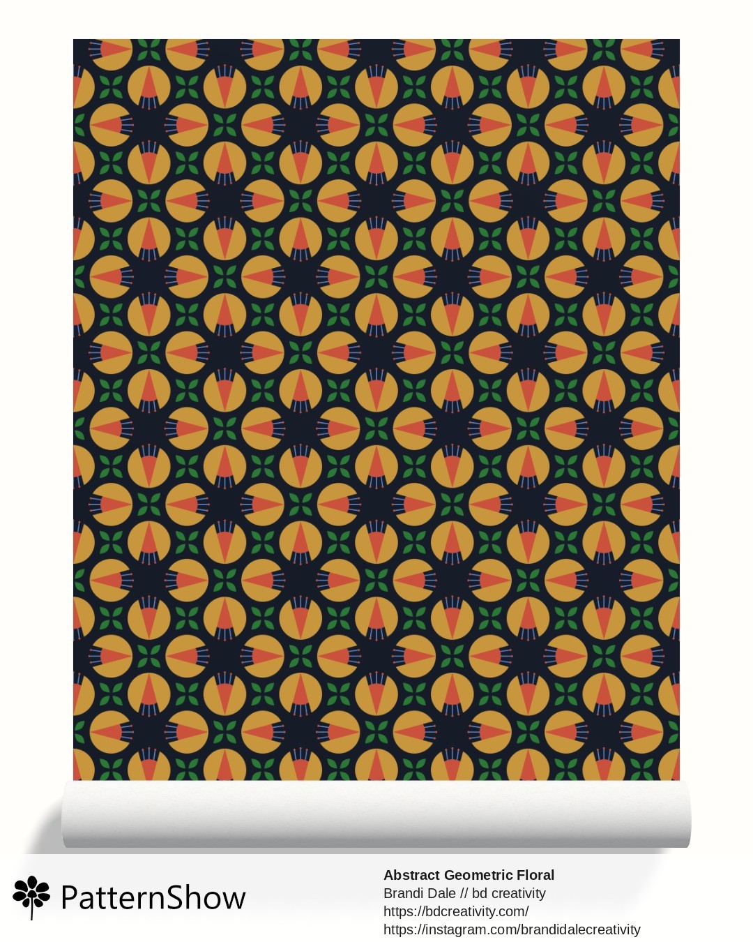Abstract Geometric Floral wallpaper - Ochre and Vermilion on Dark