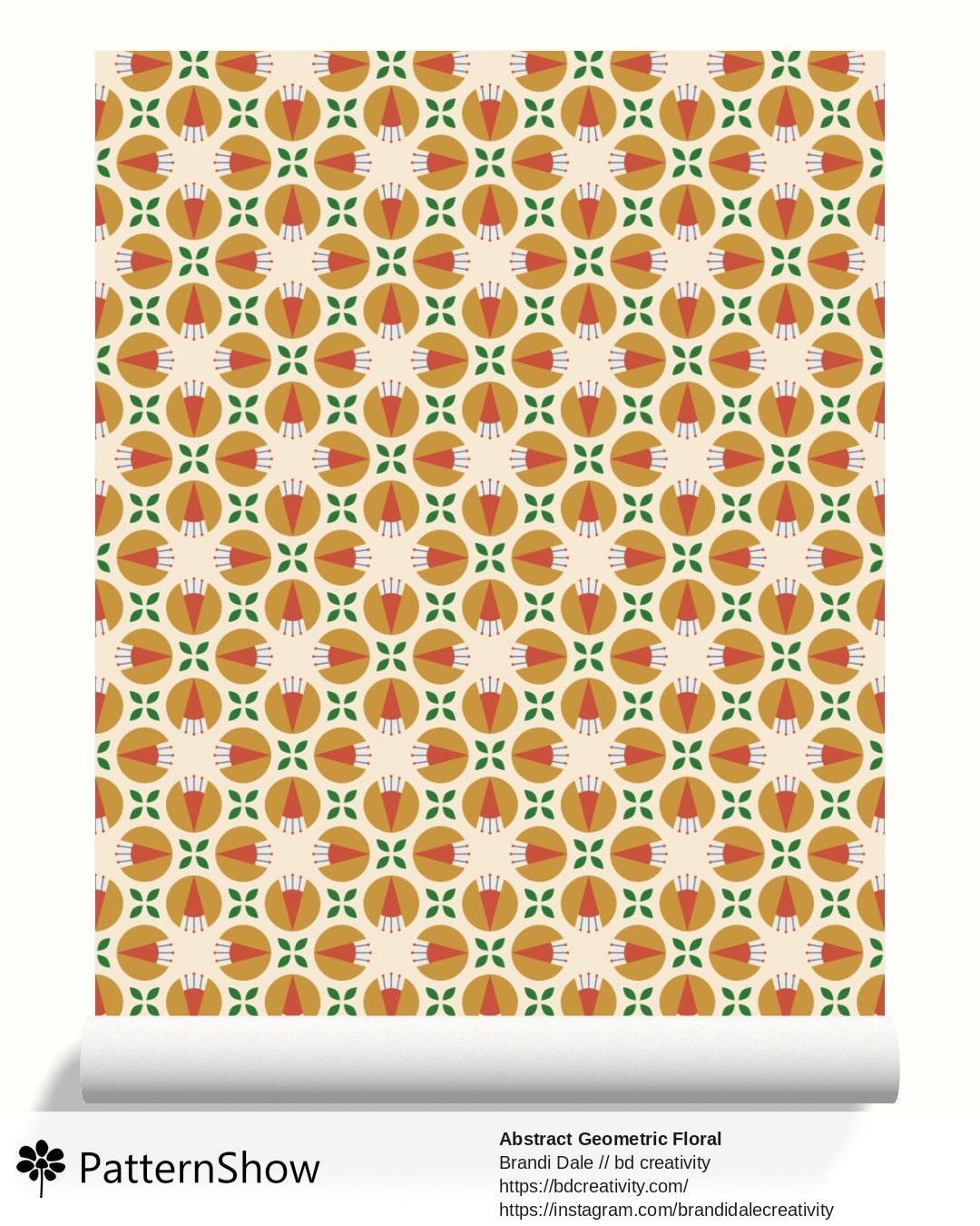 Abstract Geometric Floral wallpaper - Ochre and Vermilion on Light