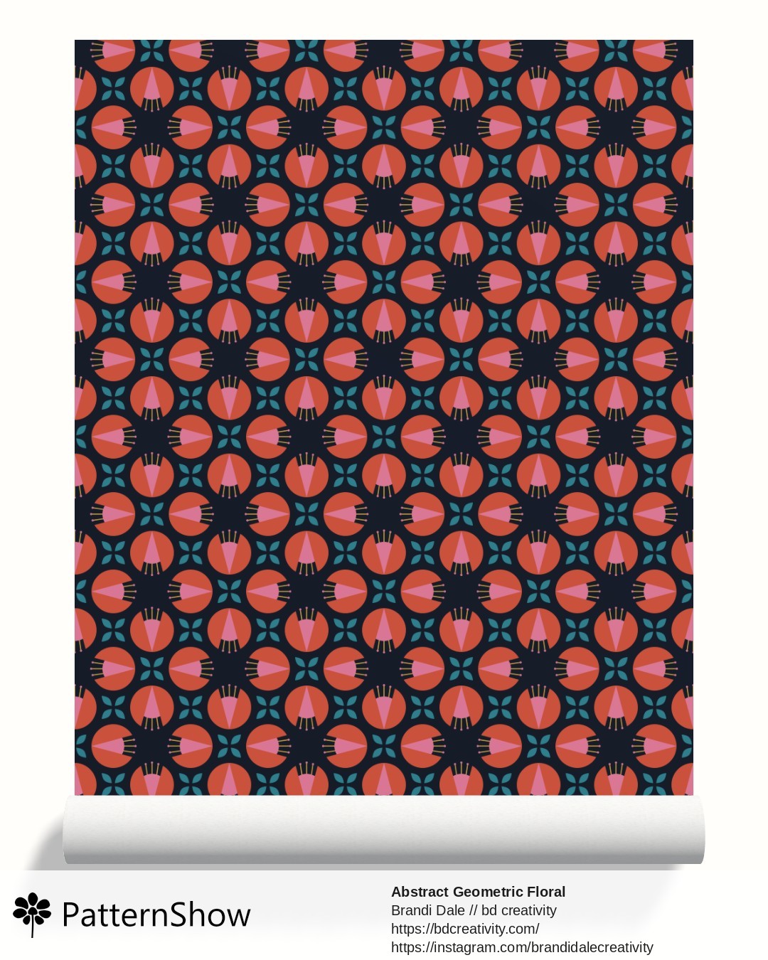 Abstract Geometric Floral wallpaper - Vermilion and Pink on Dark