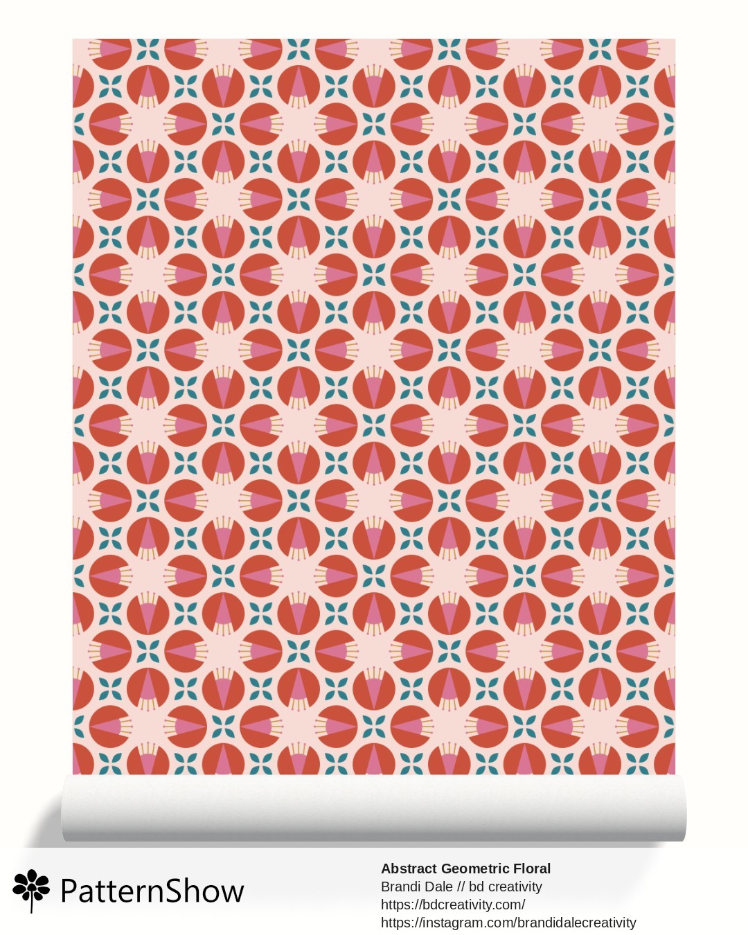 Abstract Geometric Floral wallpaper - Vermilion and Pink on Light